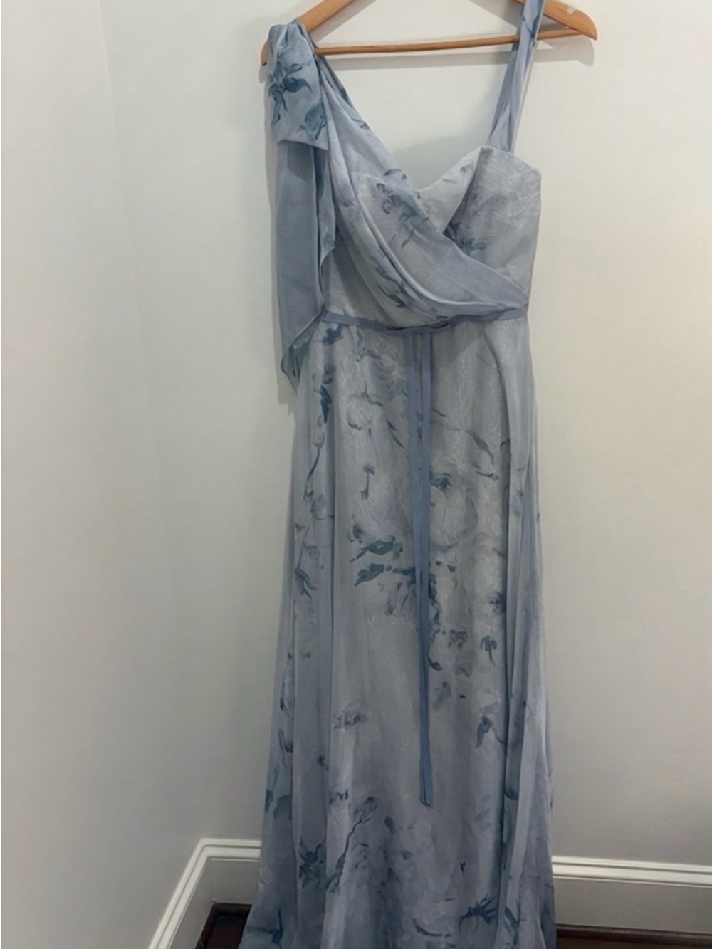 Marchesa Notte: Pale Blue Floral One-Shoulder Chiffon Gown - Picture 2 of 3